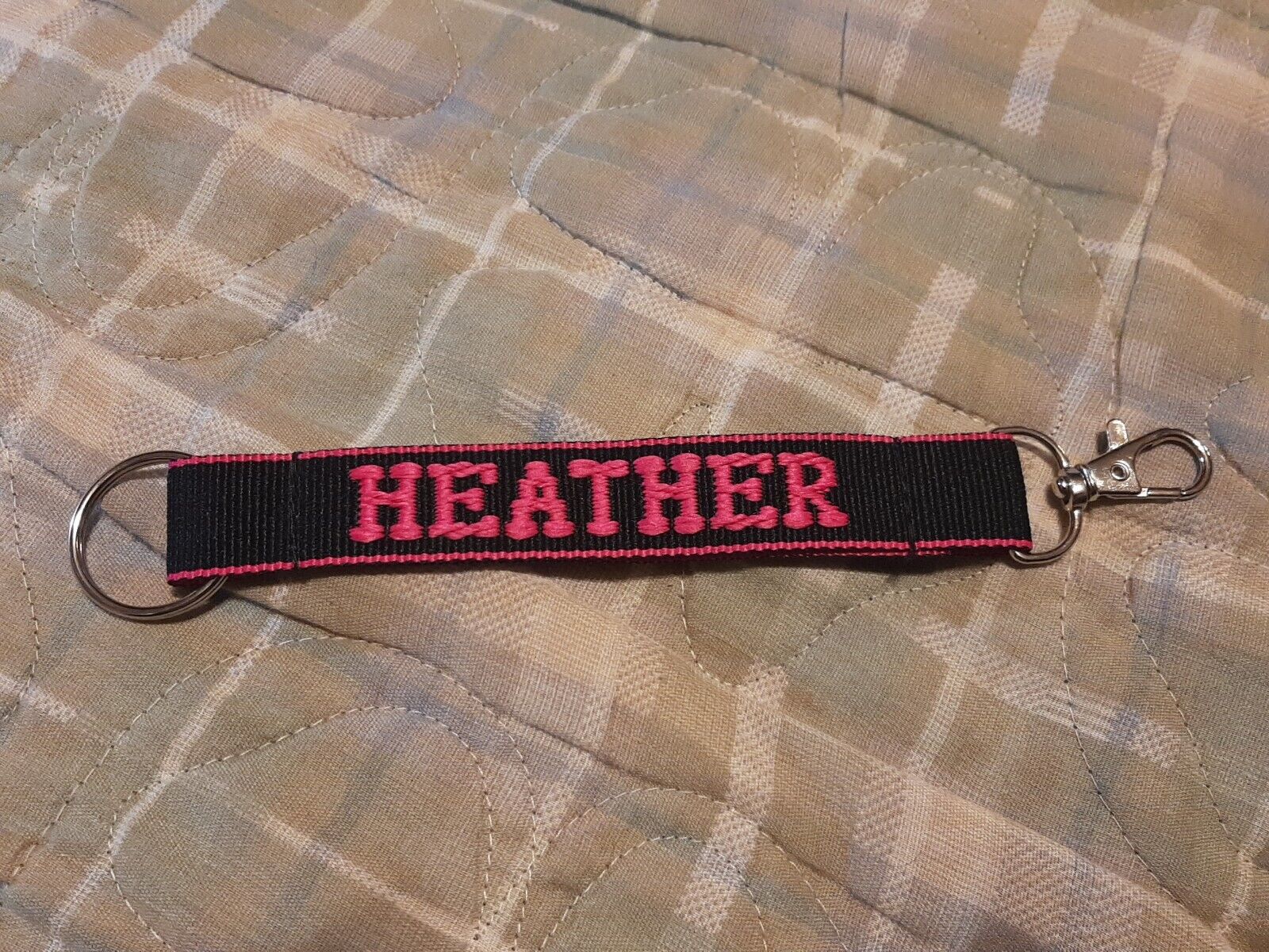 HEATHER Embroidered Name Strap Key Ring, Keychain with Clasp (BLACK)
