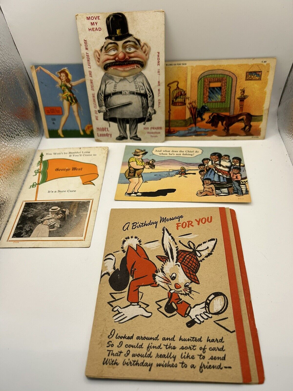 Lot 6 Vtg Silly Postcard Gentle Humor Colorful 1900-1950 FUNNY Moving Head Card