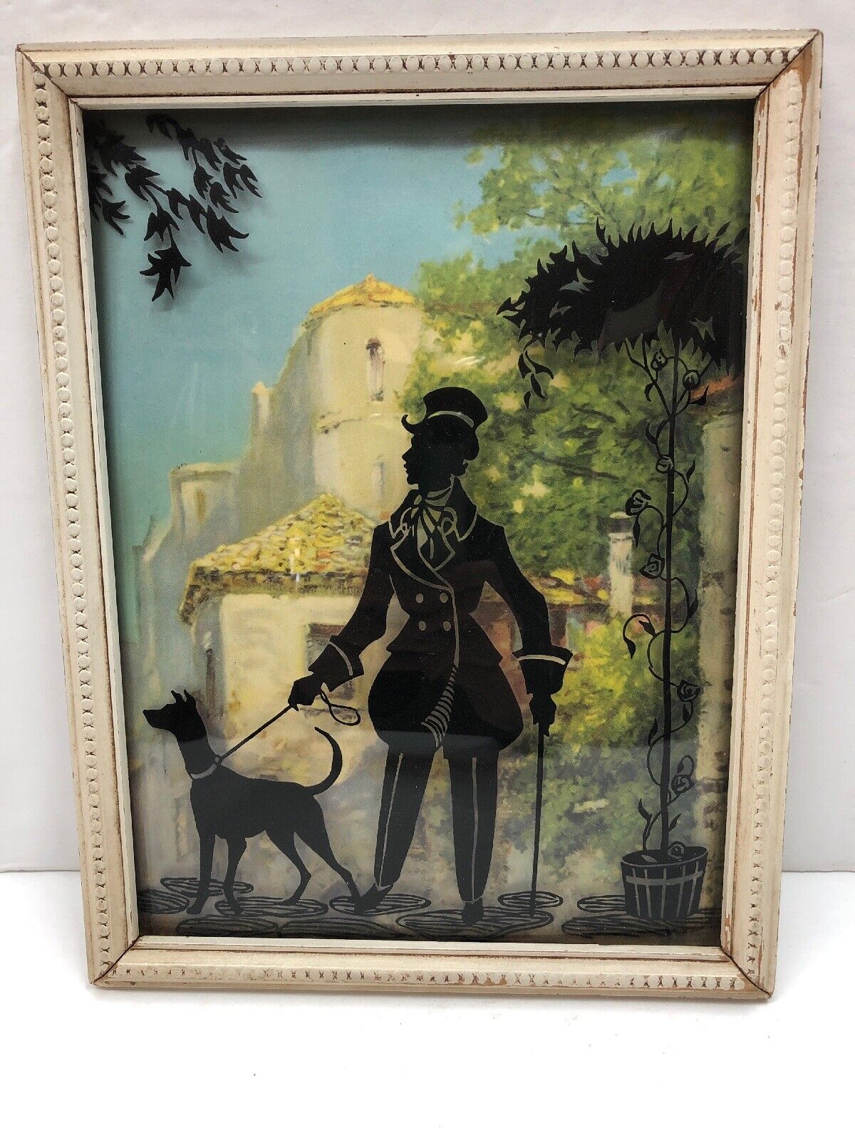 Vintage Antique Silhouette Reverse Painting Convex Glass Picture Of Man And Dog