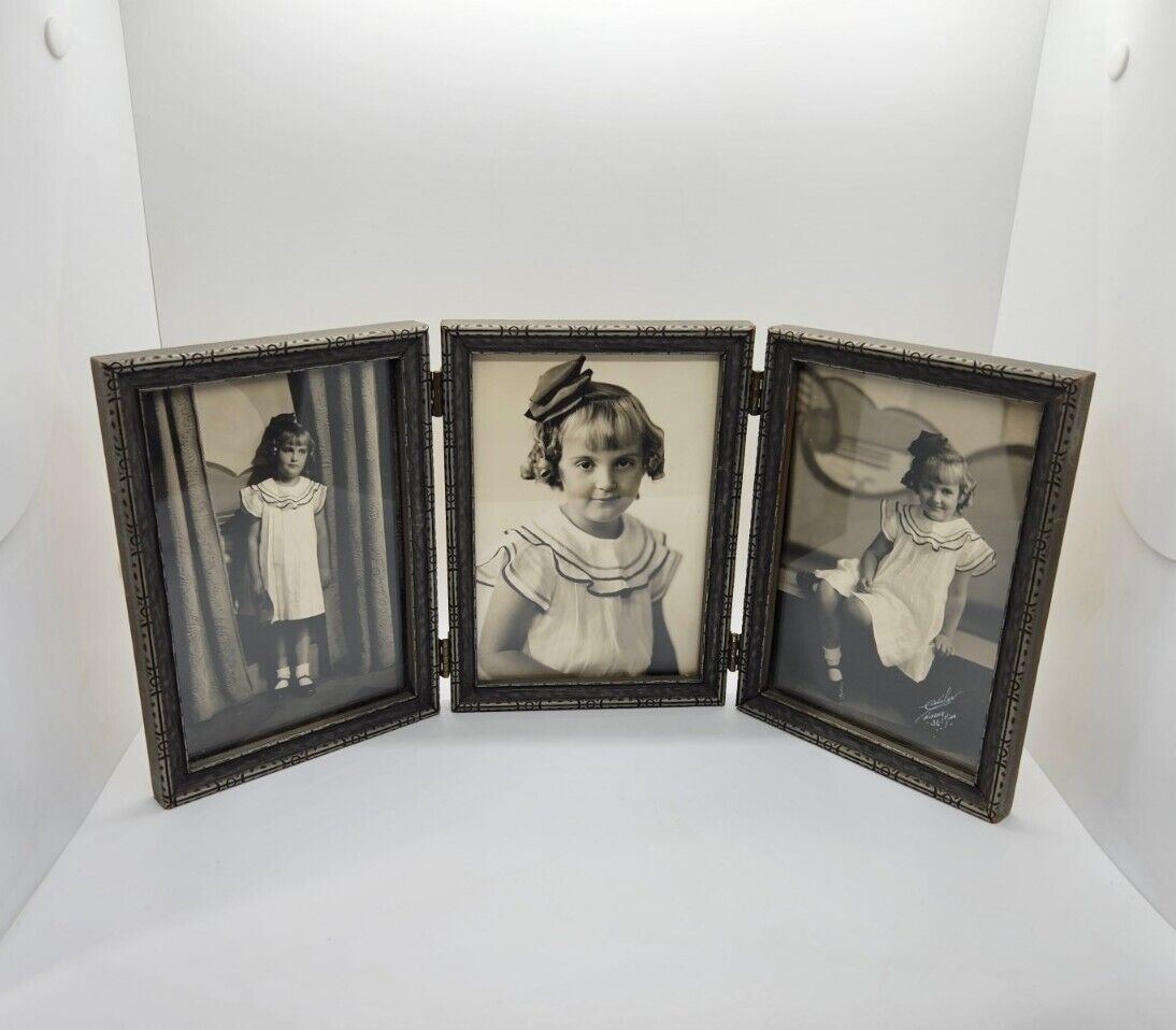 Vintage Wooden Tri-Fold Picture Frame Includes Old Photos Girl Winona Minnesota 