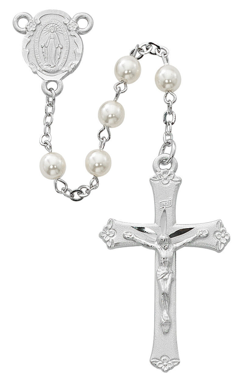 Pearl Bead Rosary Rohdium Center And INRI Crucifix 6 mm Beads First Communion