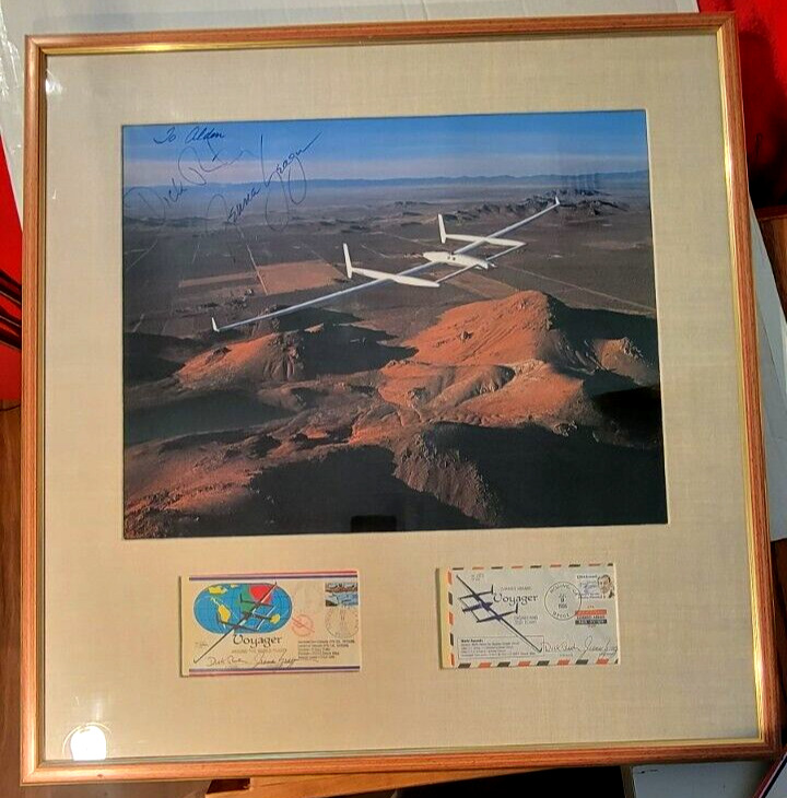 Voyager Aircraft Fly Around the World SIGNED Jeana Yeager Dick Rutan 26x28 Frame