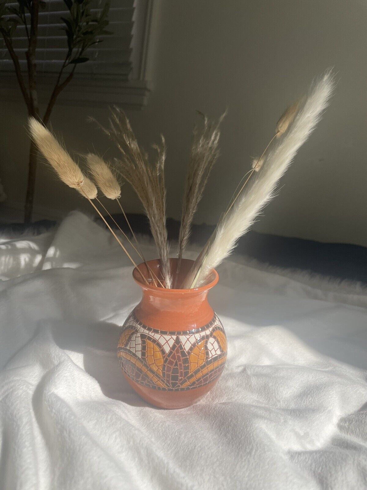 Native American Aztec Handmade Vase With Pampas