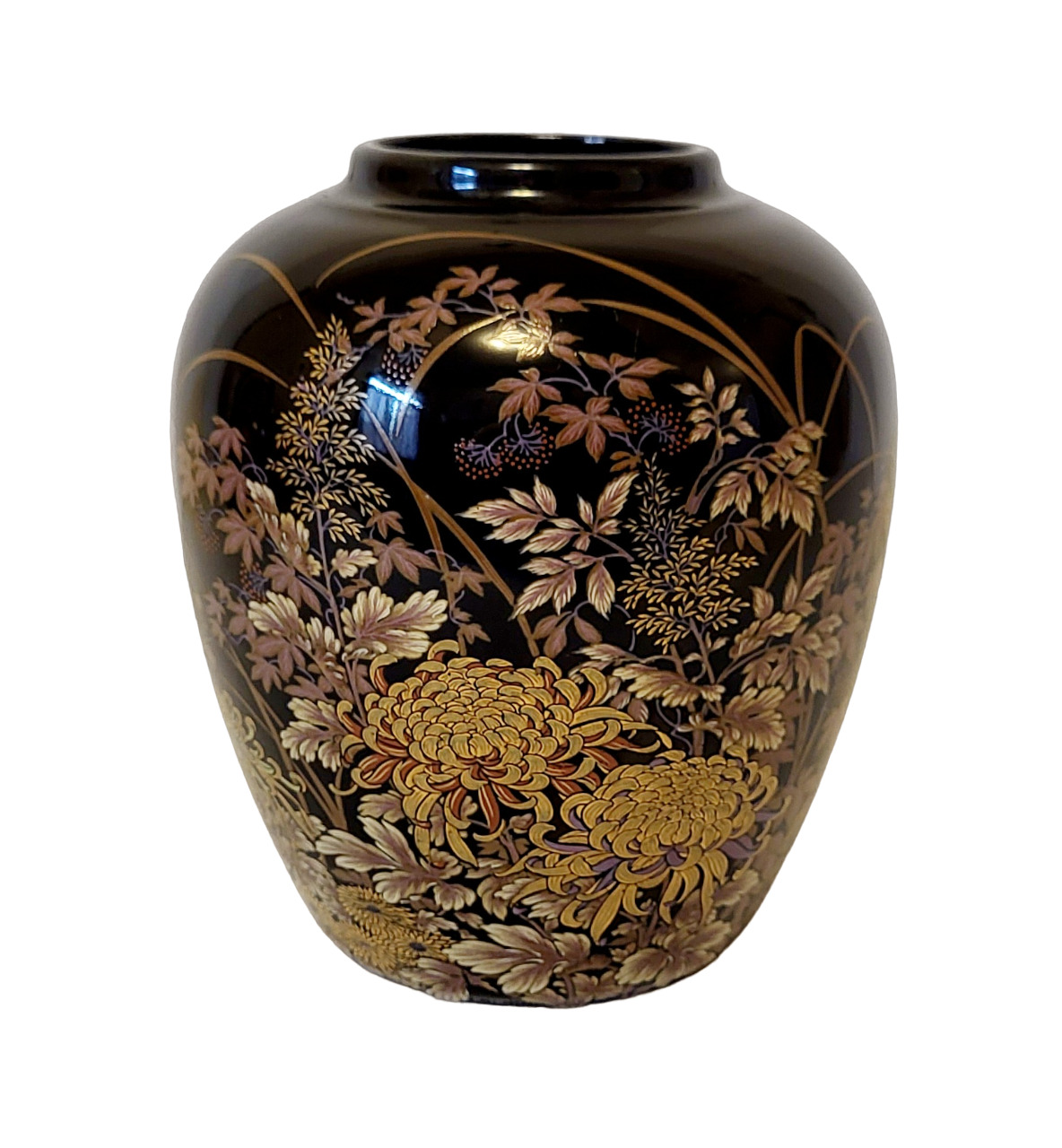 Japanese Shibata Tenmoku-Kiku Porcelain Jar w/ Dragonfiles & Flowers Japan