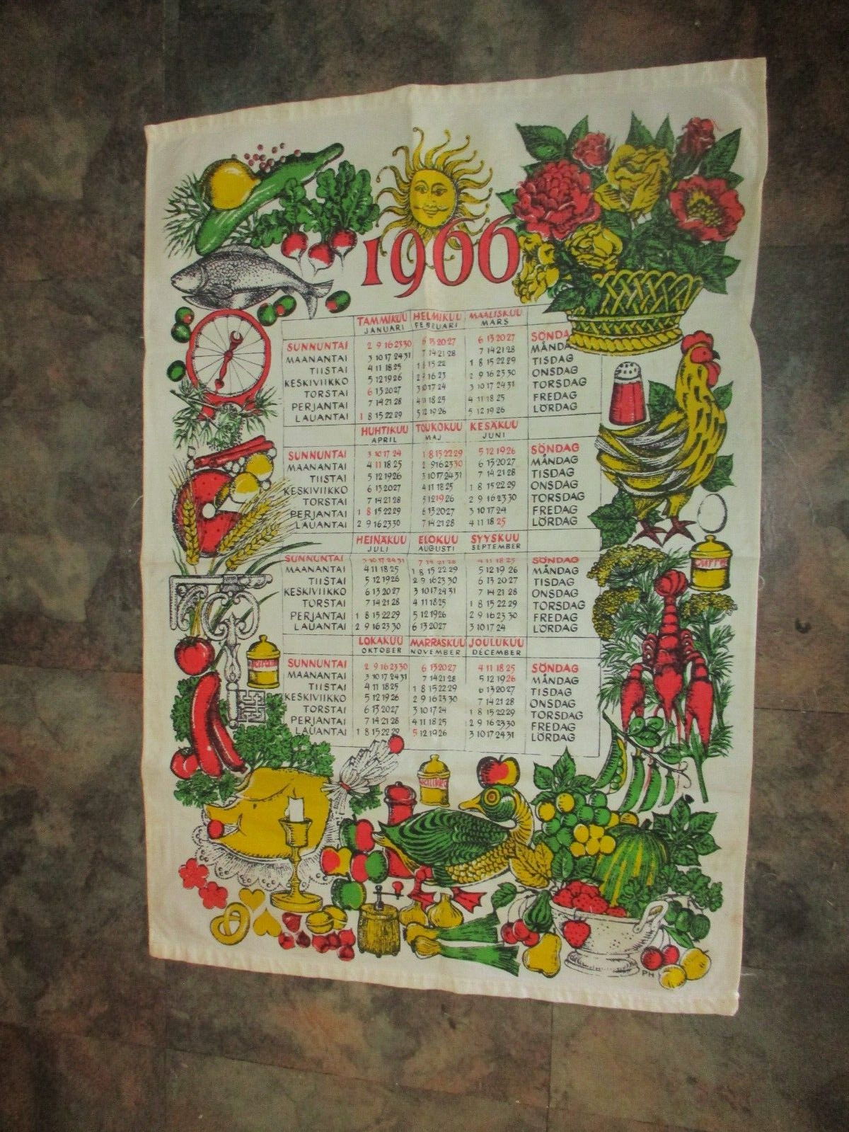 Vintage Linen Kitchen Hand Tea Towel 1966 Smiling Sun Mod Swedish Calendar