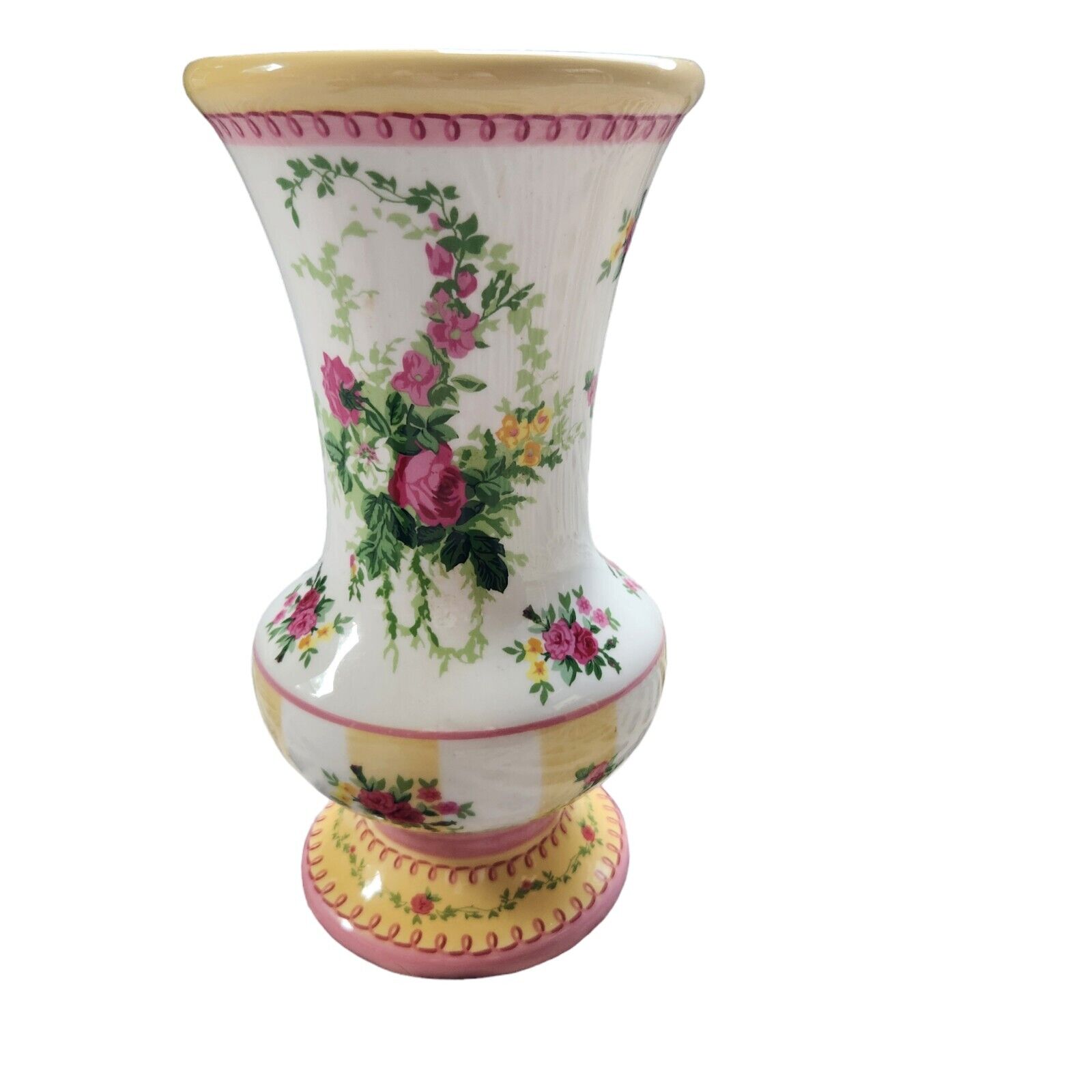 Laura Ashley Flower Vase Fluted Tea Roses Yellow Pink White Ceramic 9 inches