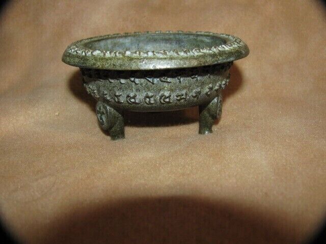 Vintage Chinese or Tibetan bronze 3-leg incense burner carved with characters