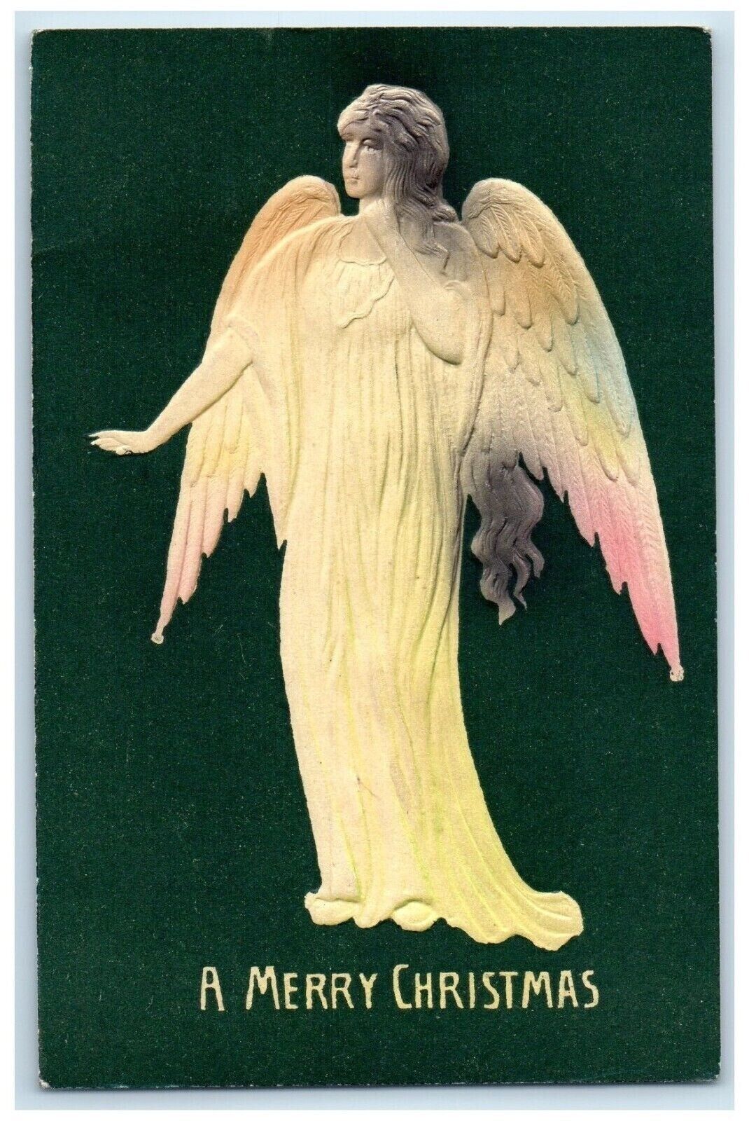 Beautiful~Embossed Airbrushed Angel~Antique 1909 Christmas Postcard~g323