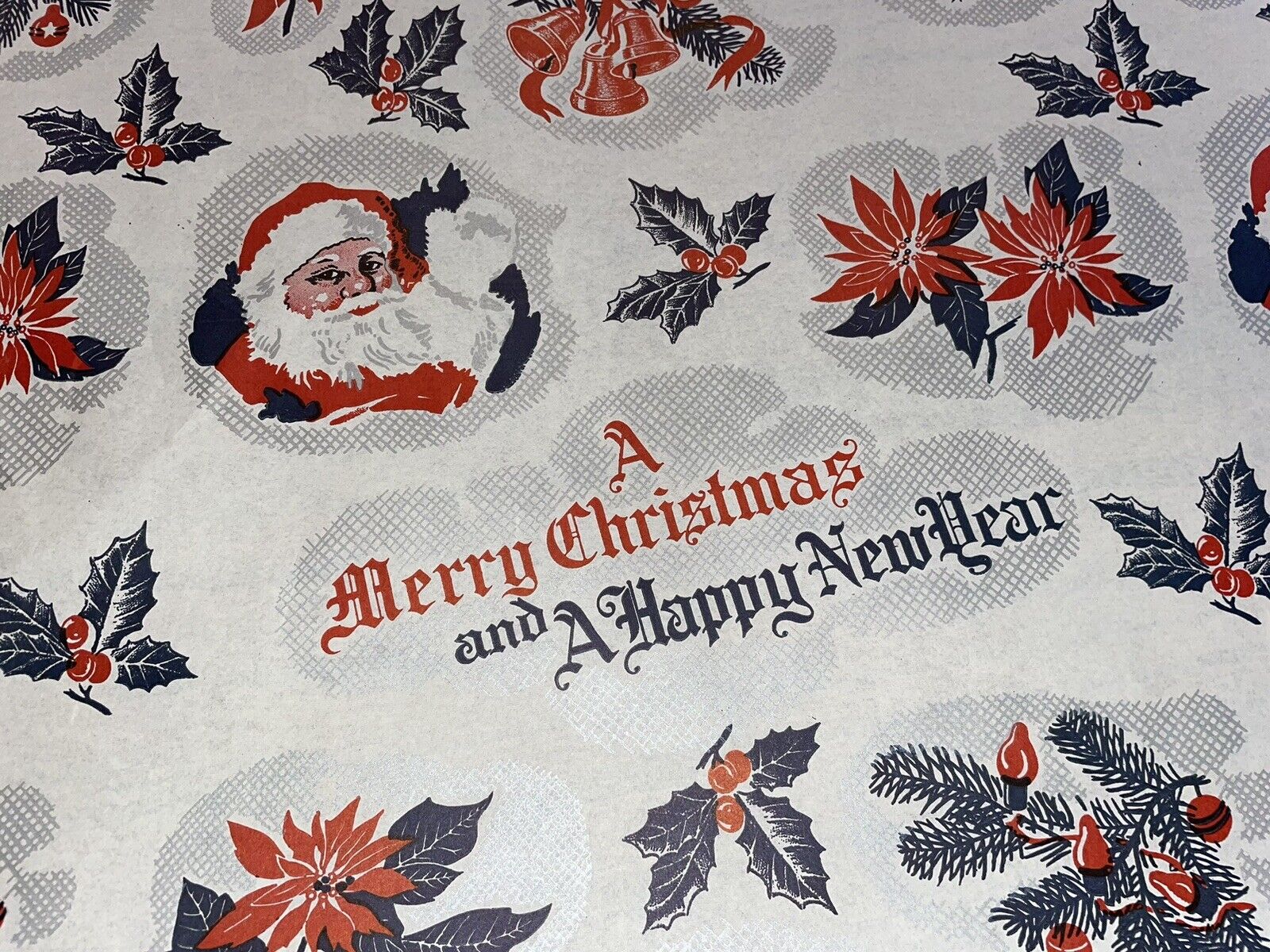 VTG MERRY CHRISTMAS WRAPPING PAPER GIFT WRAP SANTA HOLLY BELLS HAPPY NEW YEAR