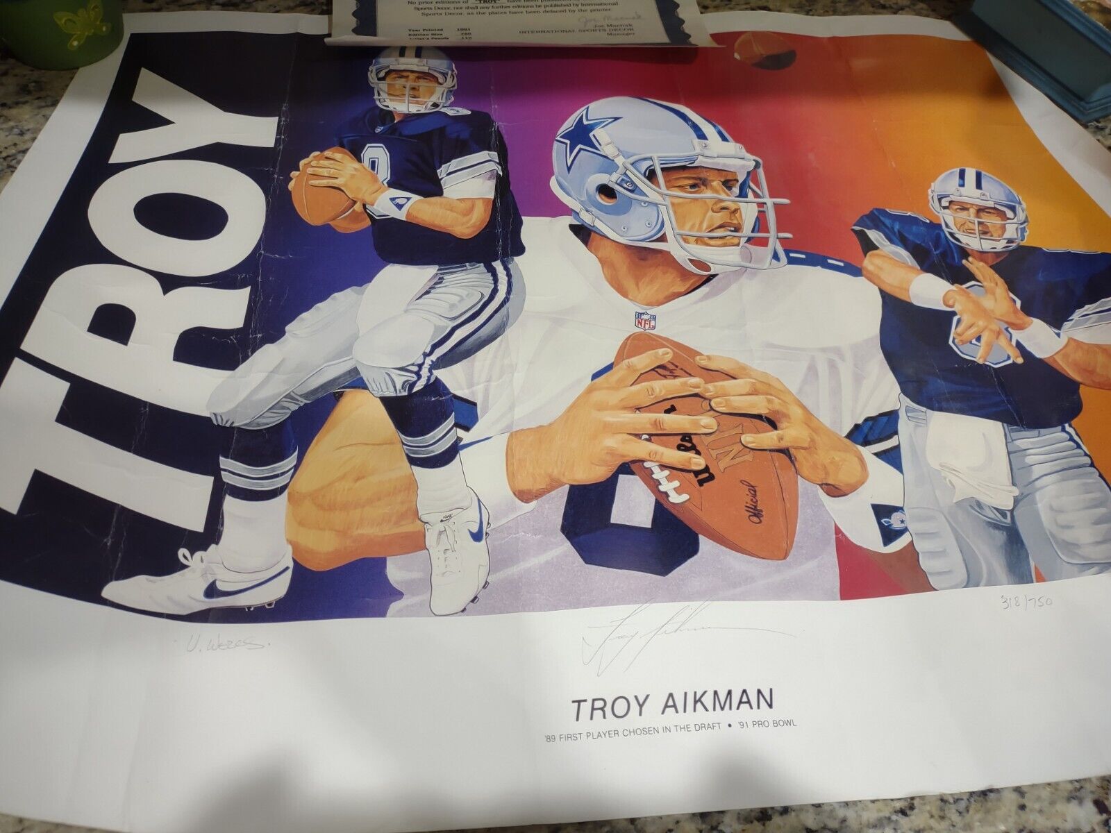 Damaged Dallas Cowboys Aikman Signed Lithograph by Vernon Wells #318/750 w/ COA