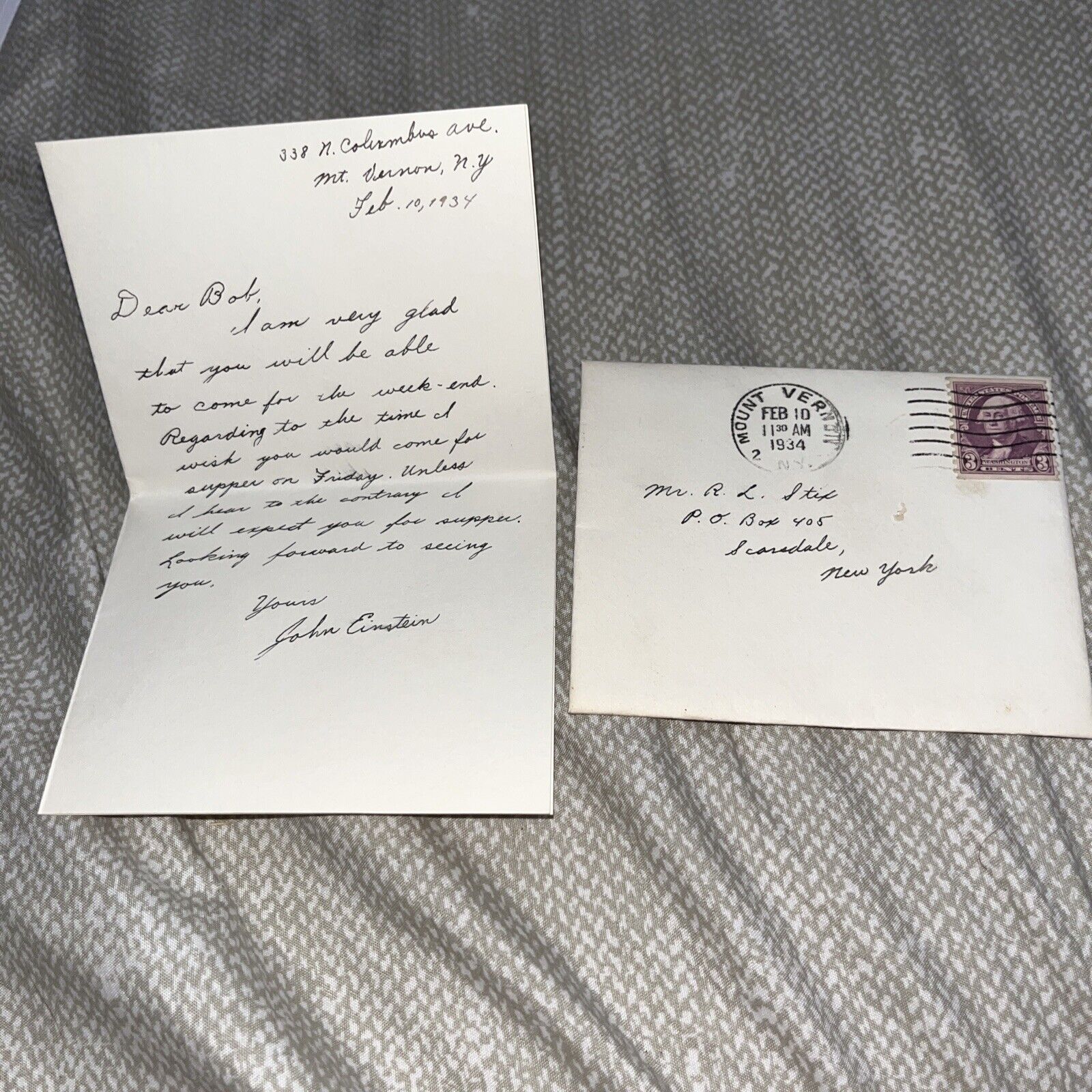 1934 Depression Era Miniature Dinner Invitation Letter from John Einstein of NY