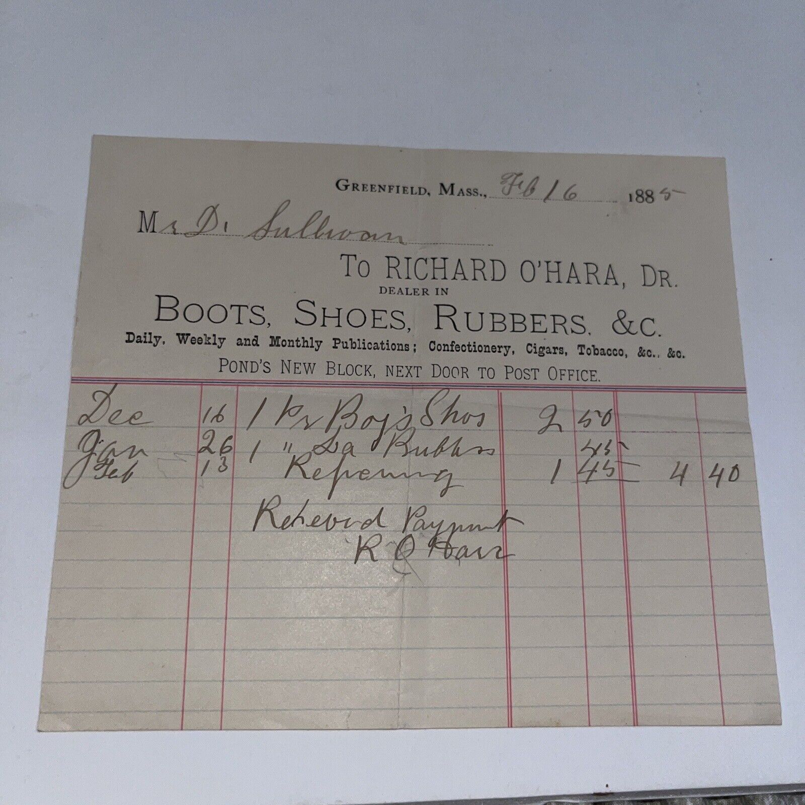 1885 Richard O’Hara Greenfield Shoes Letterhead Invoice: Co A 52nd MA Infantry