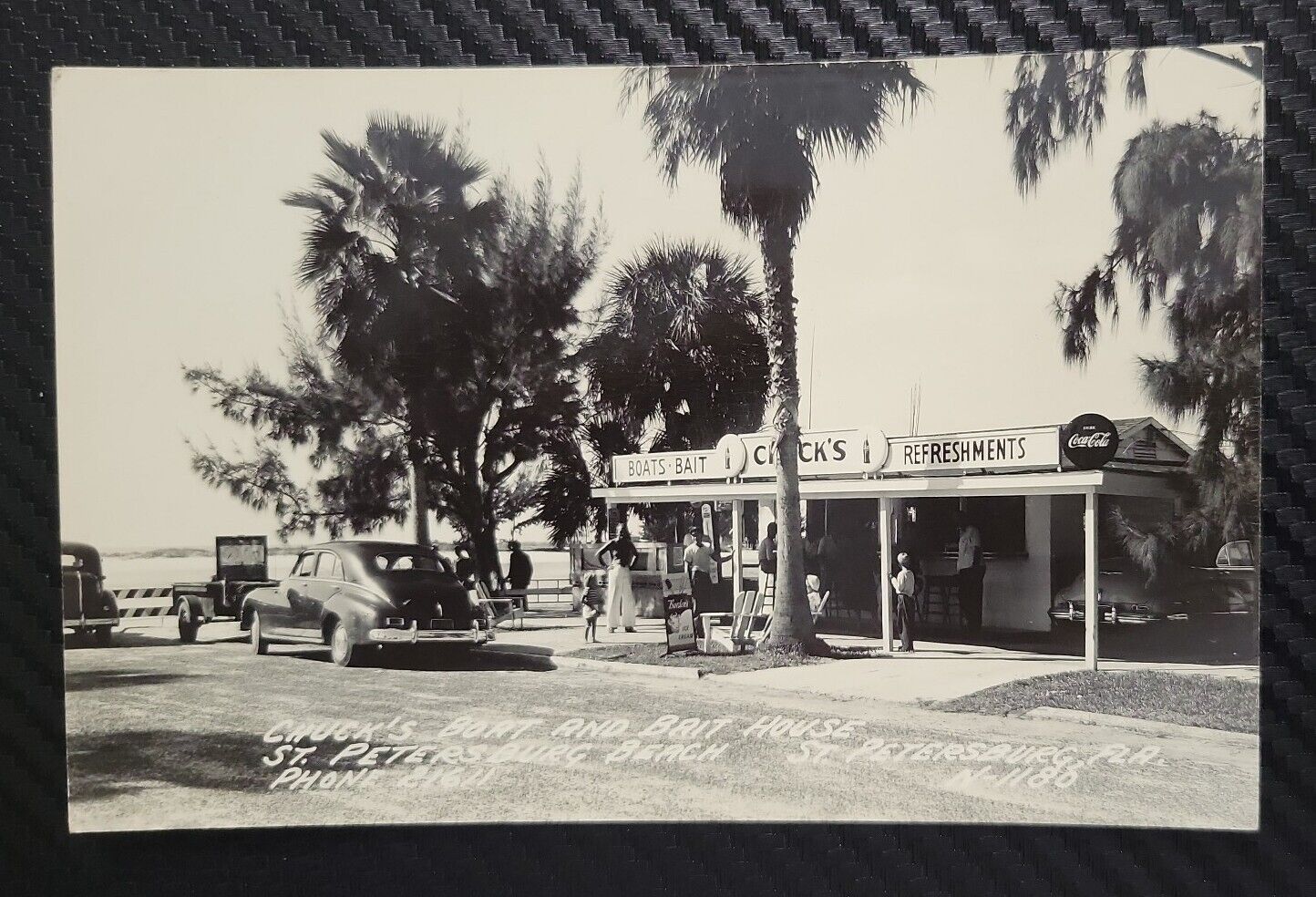 VTG Unposted Photocard Postcard B&W Packard Chuck's Boat Bait House Shop Florida