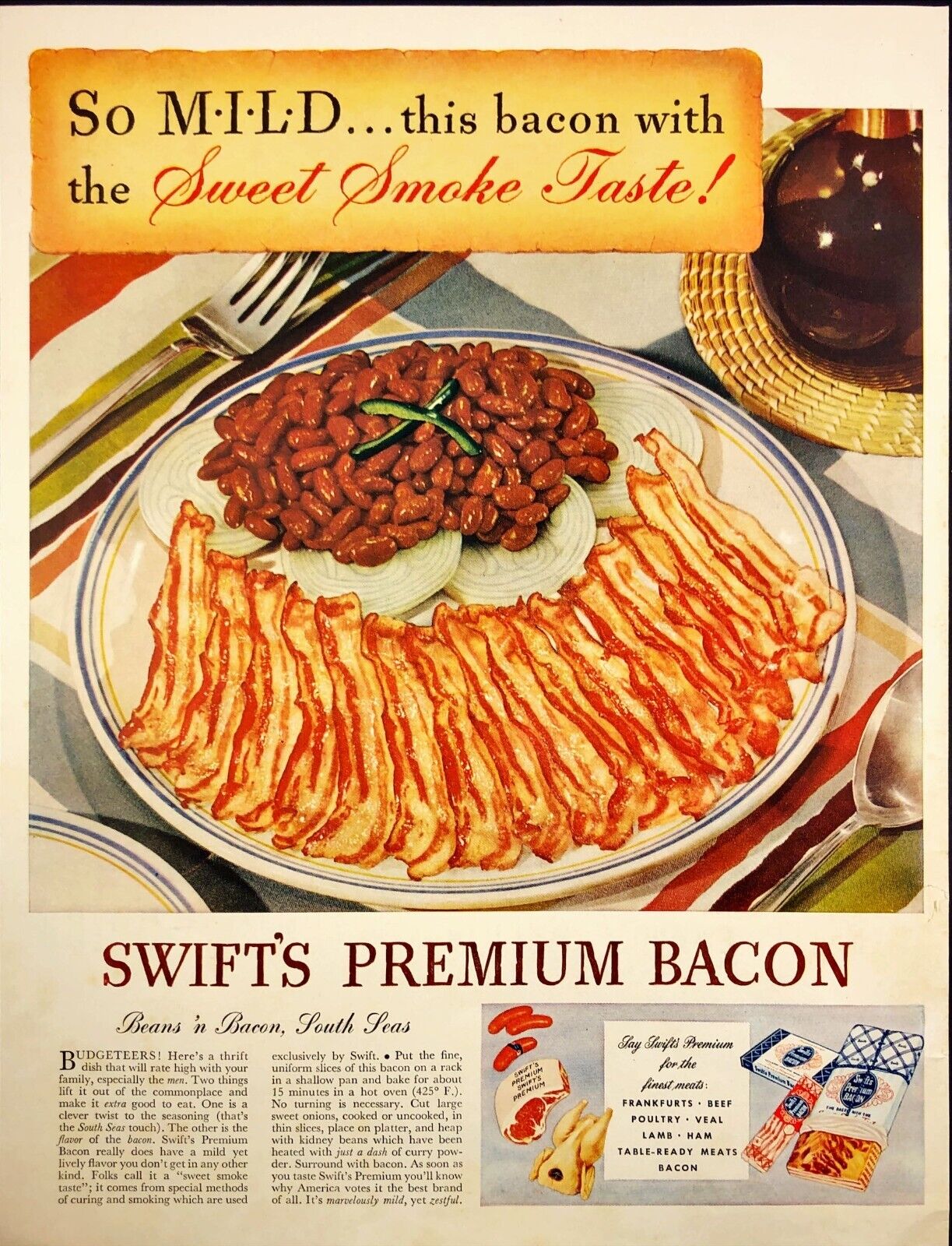 1942 Swift\'s Premium Bacon Budgetters Beans \'n Bacon Onions Vintage Print Ad
