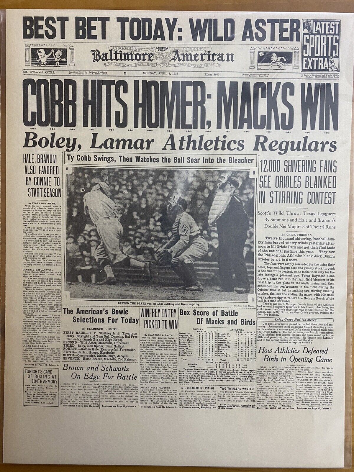 VINTAGE NEWSPAPER HEADLINE ~TY COBB HITS GAME WINNING HOME RUN 1927 BASEBALL