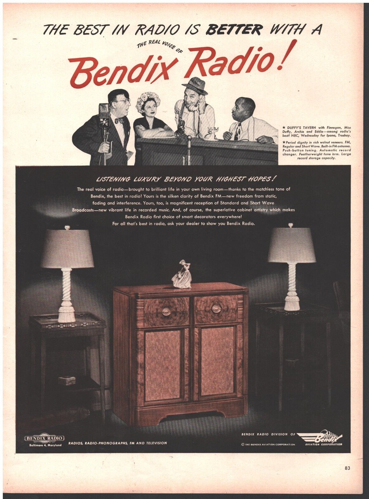 1947 Bendix Radio Duffy's Tavern NBC Radio Show Vtg Original Magazine Print Ad