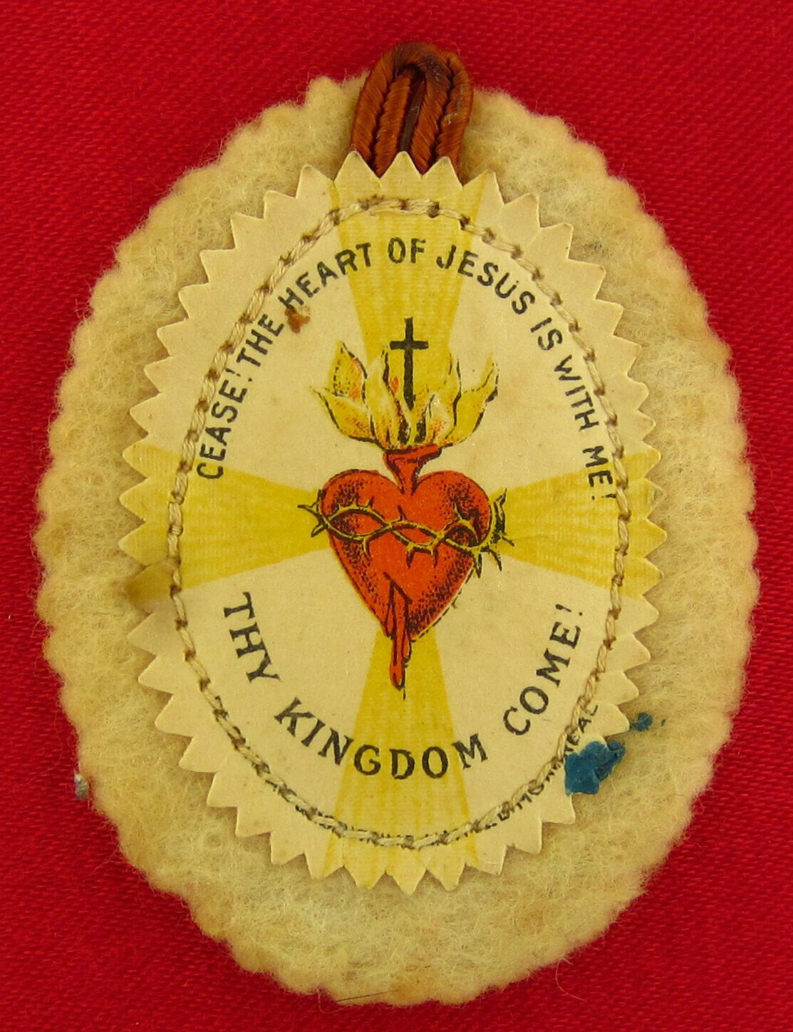 Vintage THE HEART OF JESUS IS WITH ME Badge SACRED HEART Religious Scapular