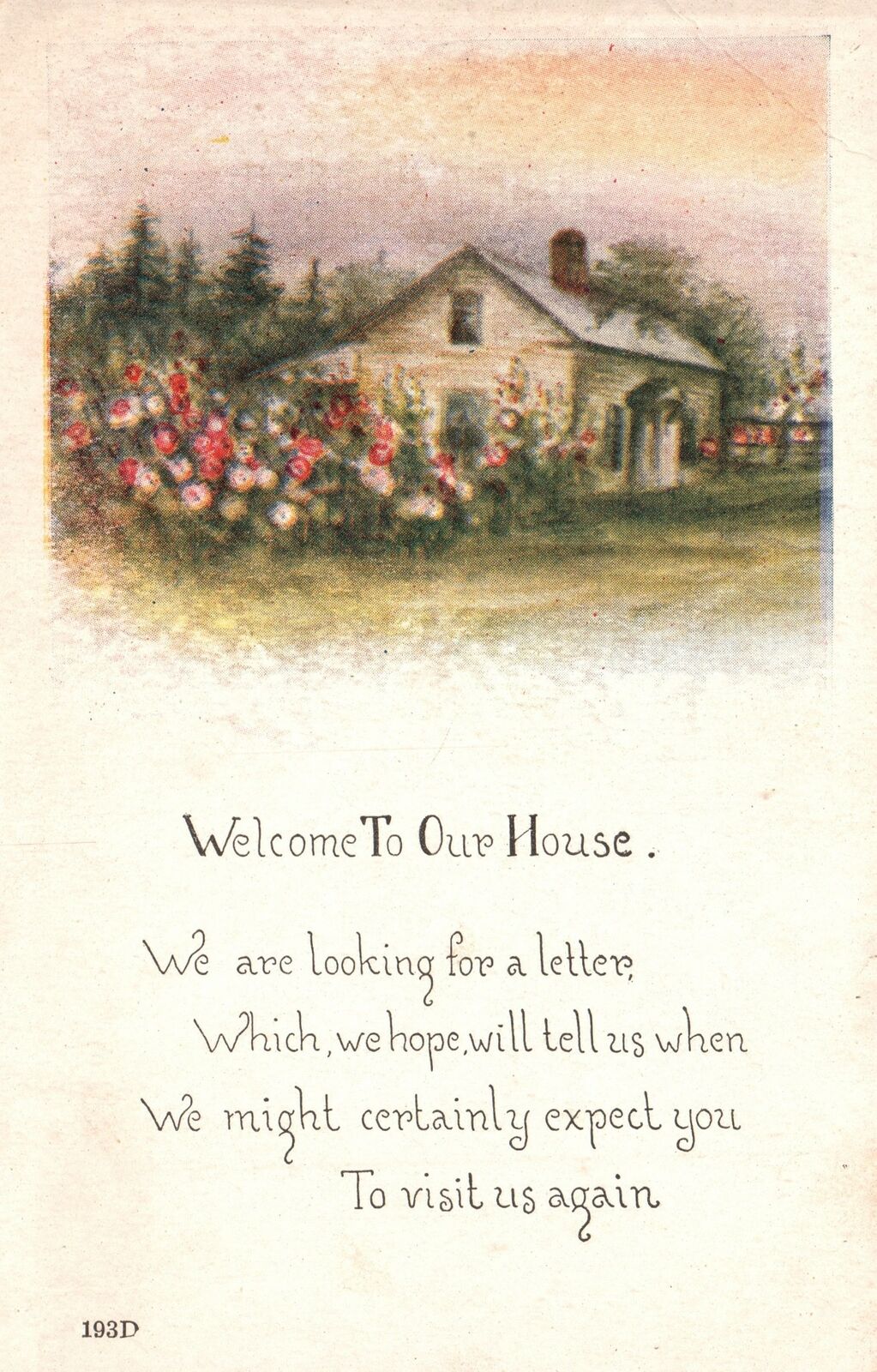 Vintage Postcard Welcome Card Landscape House Greetings Flower Garden Yard
