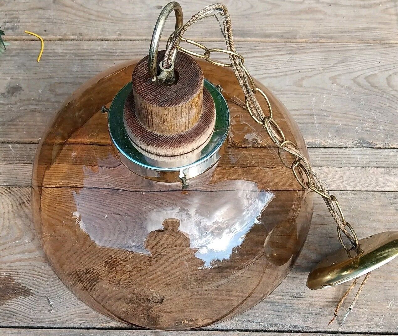 Vintage MCM Hanging Lamp Amber Glass Teak Wood Original Chainlink Wiring