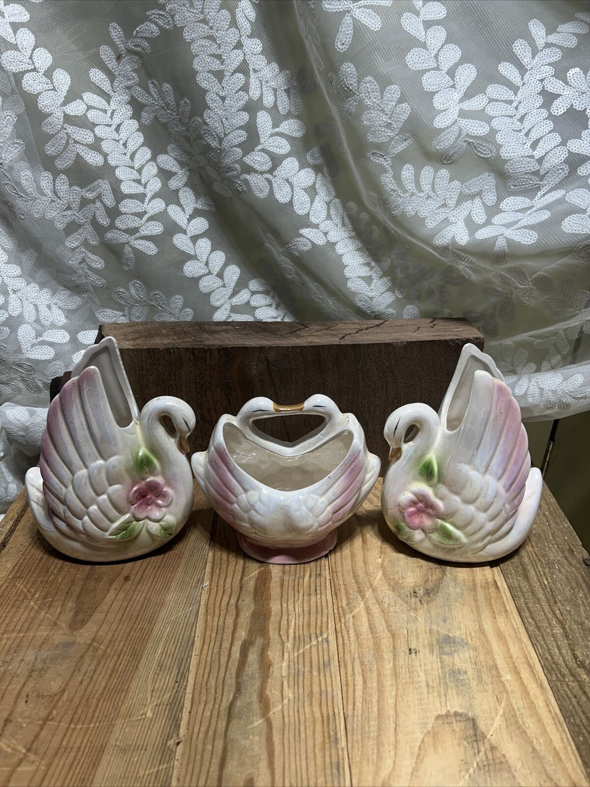 🦢 Vintage Large Pink & White Ombre Pearlized Swan Figurines Mid Century Modern 