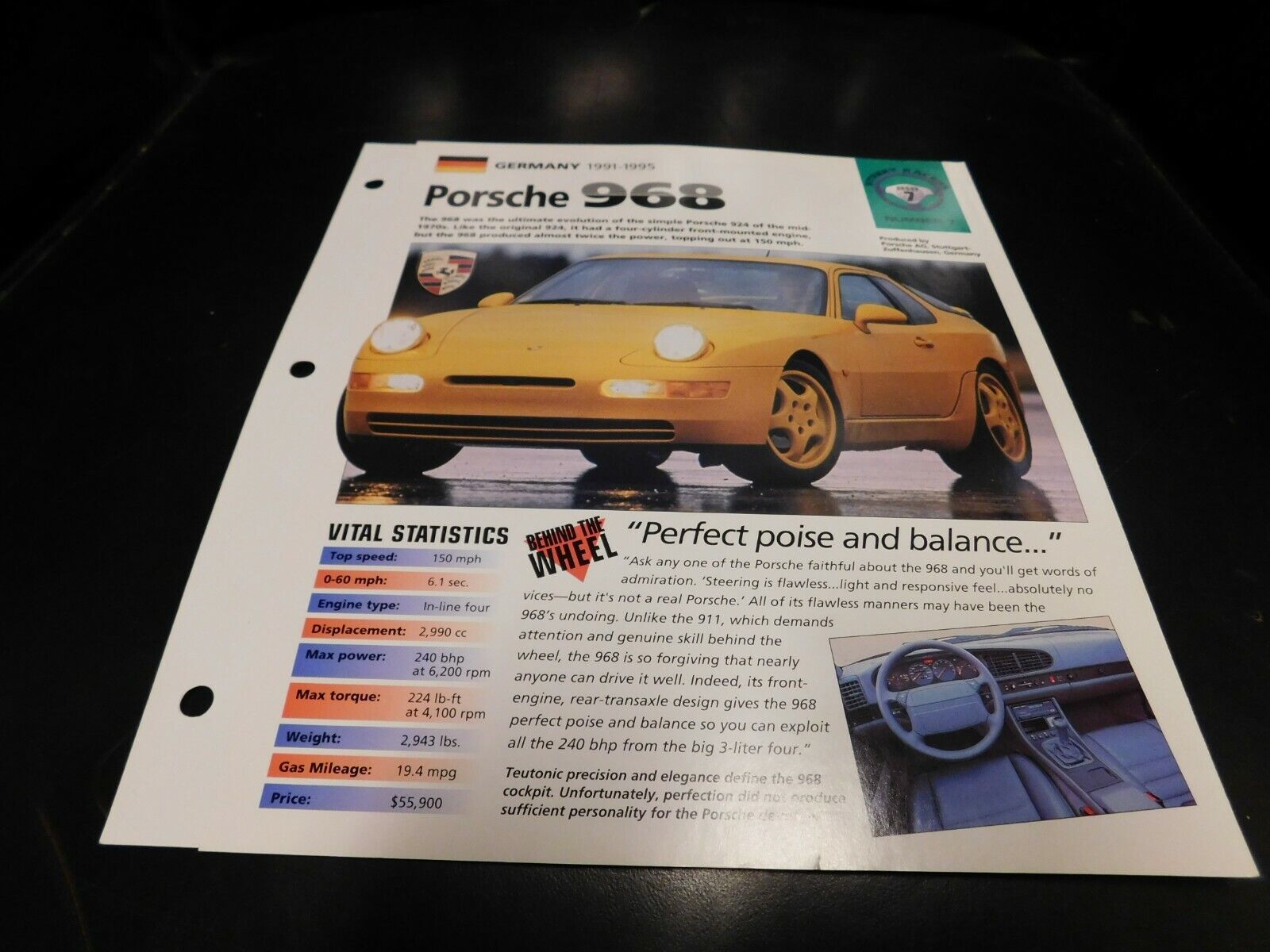1991-1995 Porsche 968 Spec Sheet Brochure Photo Poster 92 93 94