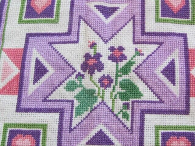 Unusual cross stitched quilt wall hanging cat chicken tree flower heart 33 x 43\