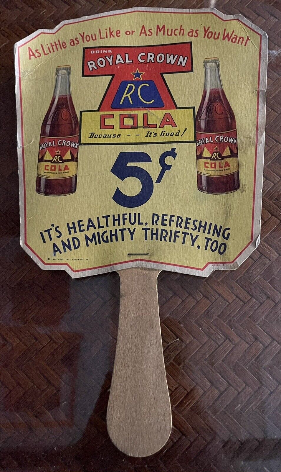 1938 ROYAL CROWN COLA Advertising Fan NEHI Bottling Co, Altoona Pa