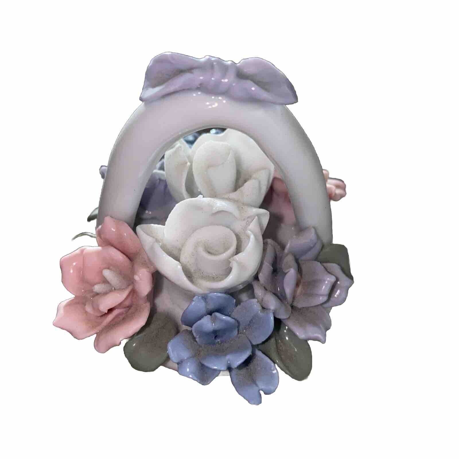 Vintage Miniature￼ Porcelain FLOWER BASKET Roses  pastel vanity mini bouquet #11