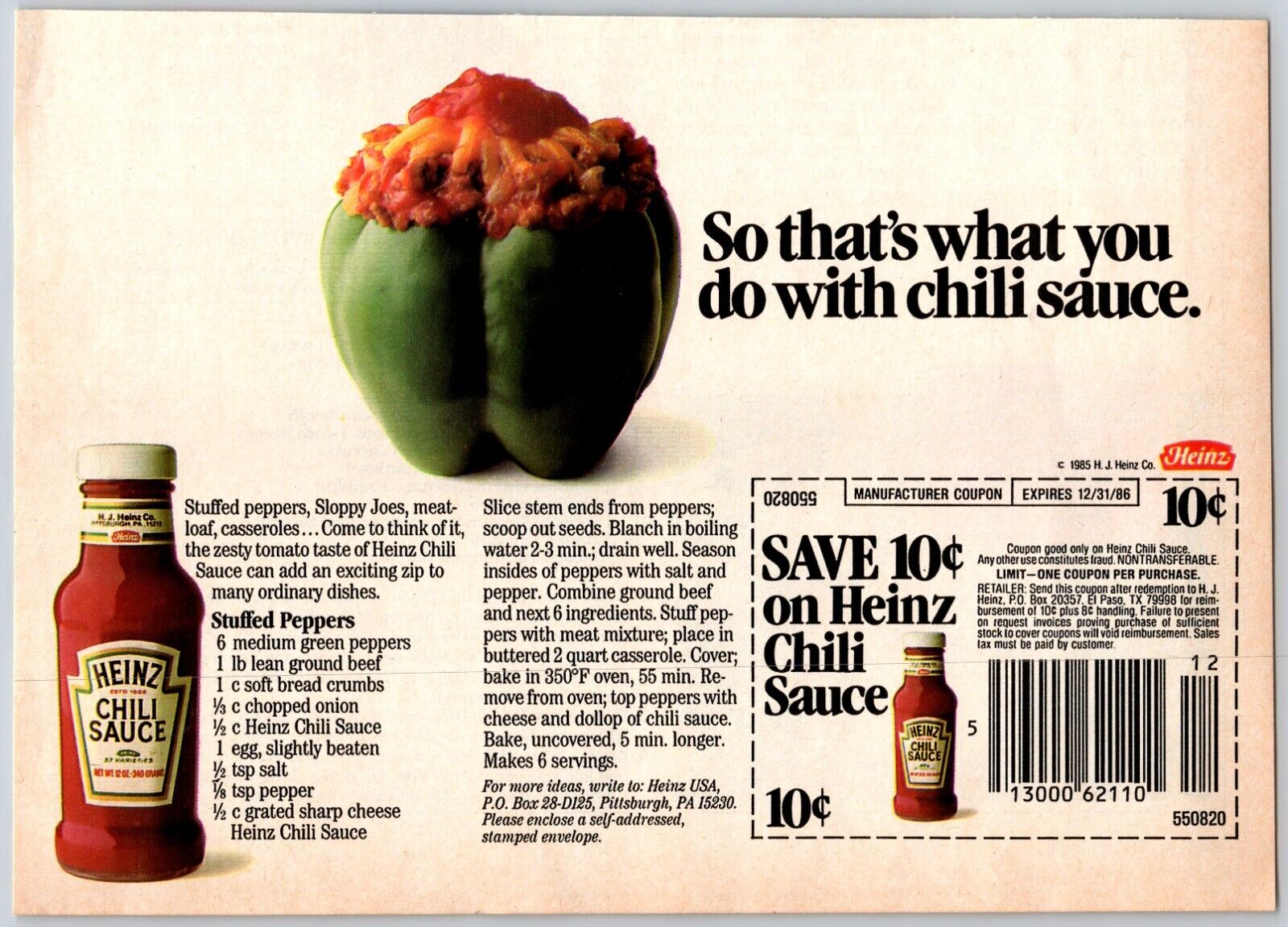 1986 Heinz Chili Sauce Recipe Stuffed Peppers Print Ad