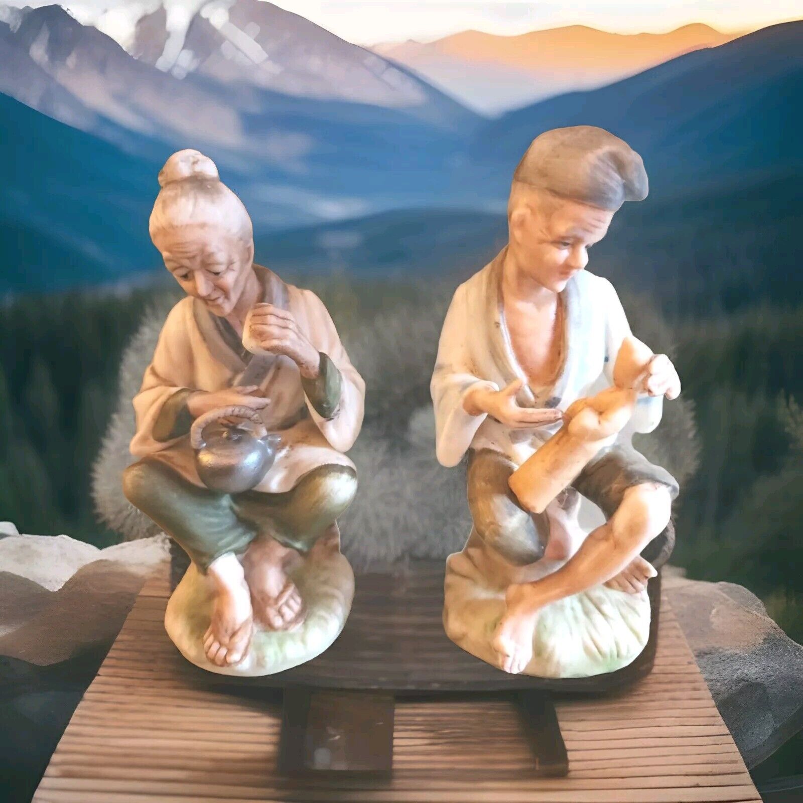 2 Porcelian Figurines Old Man & Old Woman  Handpainted Labels Japan Numbered