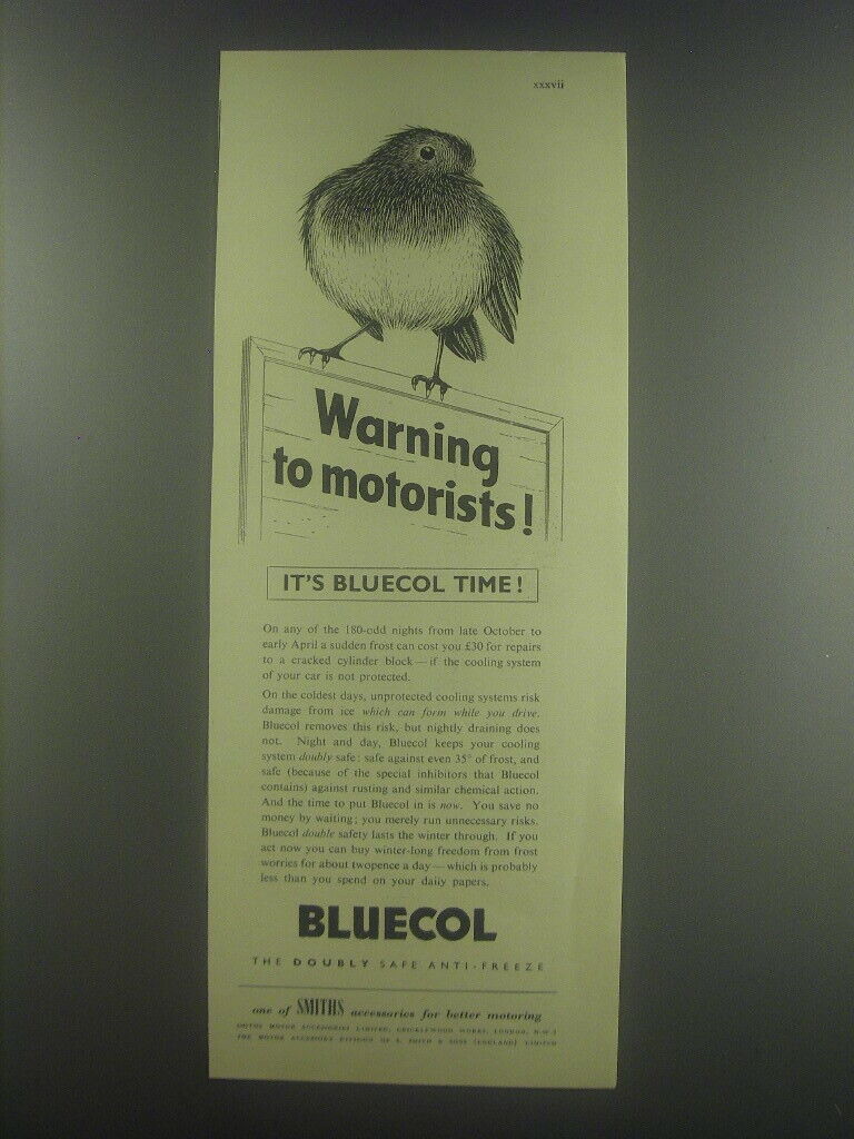 1954 Smiths Bluecol Anti-Freeze Ad - Warning to motorists