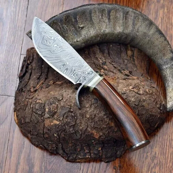 ASS Custom Handmade damascus steel rose wood outdoor hunter with sheath