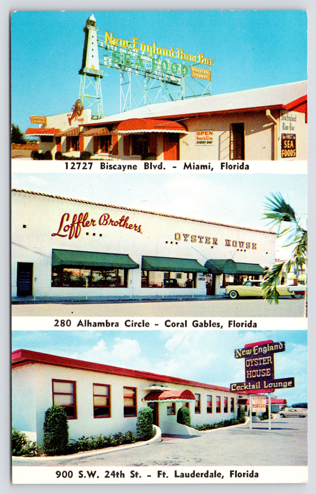 Postcard New England Oyster Houses Miami Coral Gables Ft. Lauderdale Florida