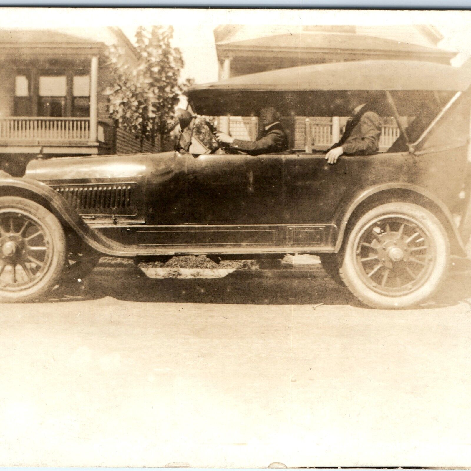 c1910s Men in Touring Car Side RPPC Street View Real Photo Auto Postcard A128