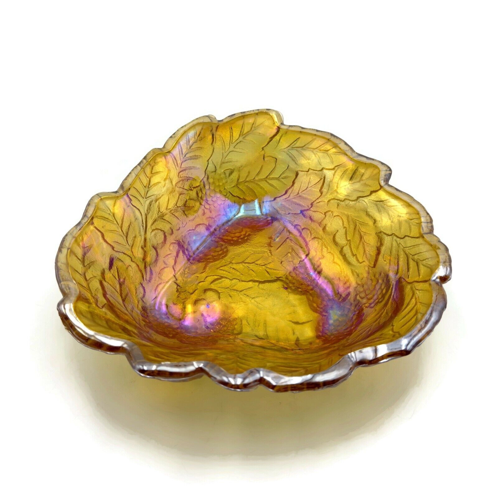 Vintage Indiana Carnival Glass Iridescent Marigold Loganberry Design Candy Dish