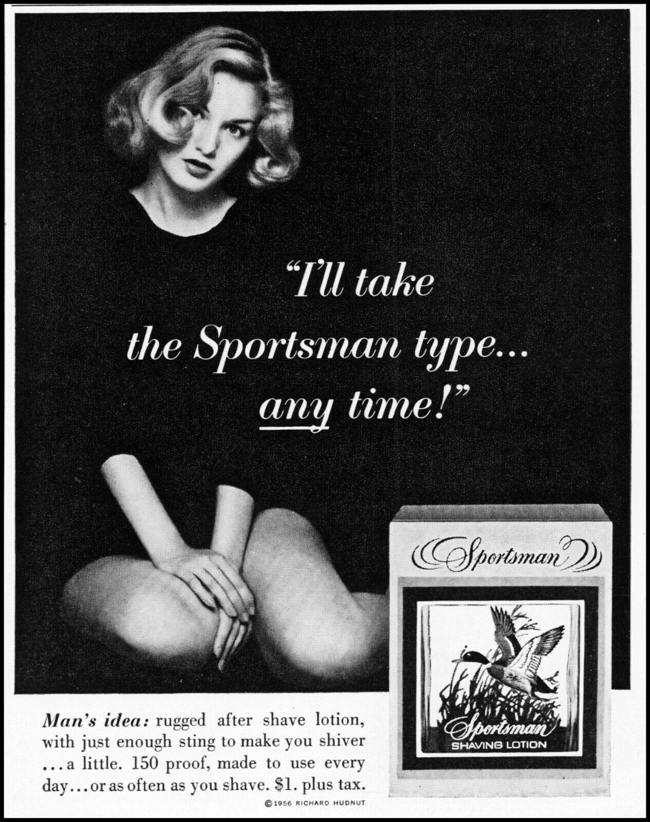 1956 sexy Girl black one-piece Sportsman shaving lotion retro photo print ad L66