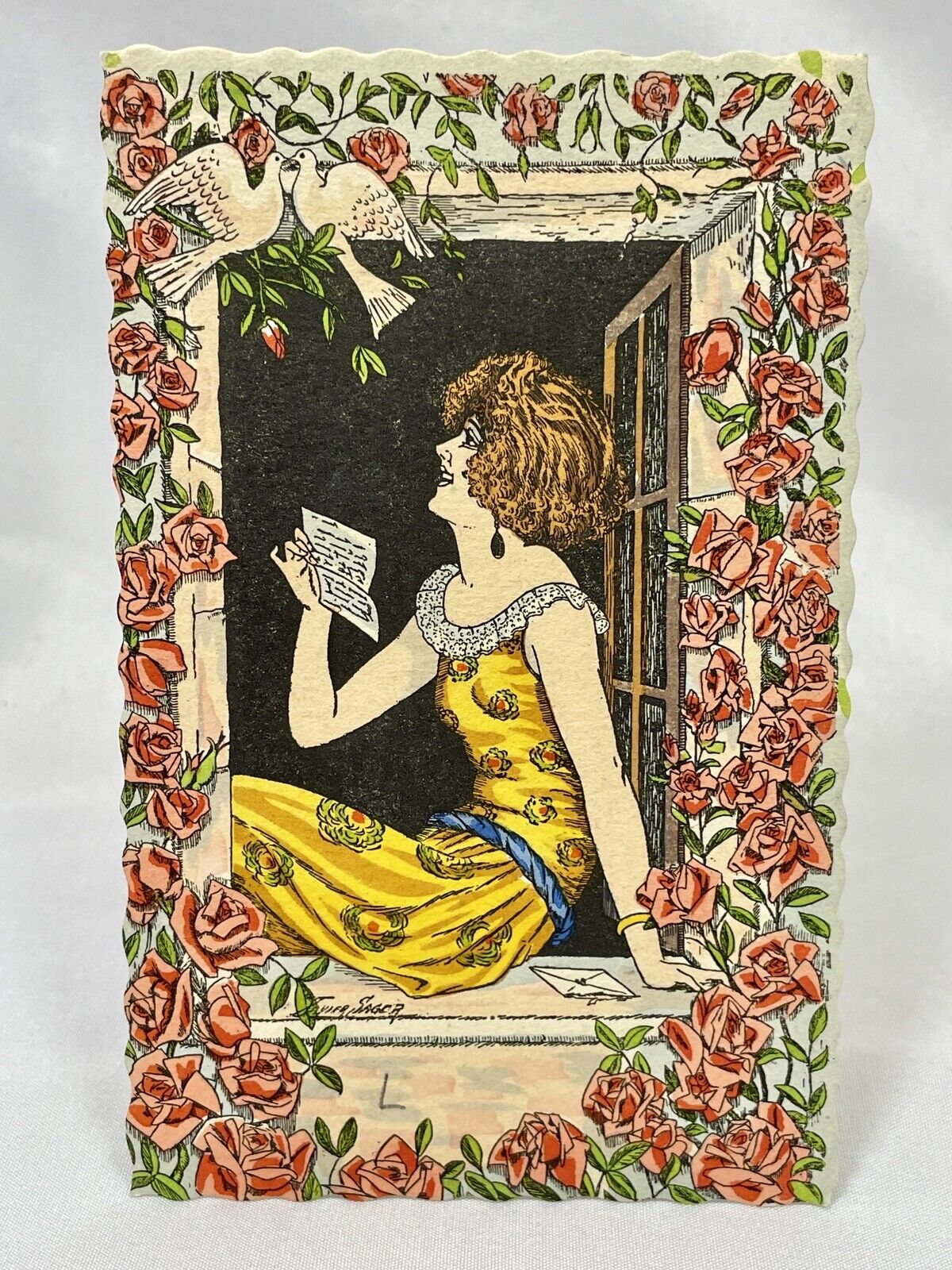 Artist Xavier Sager | Art Deco Elegant | Woman At Window w Roses | Rare | 1910s