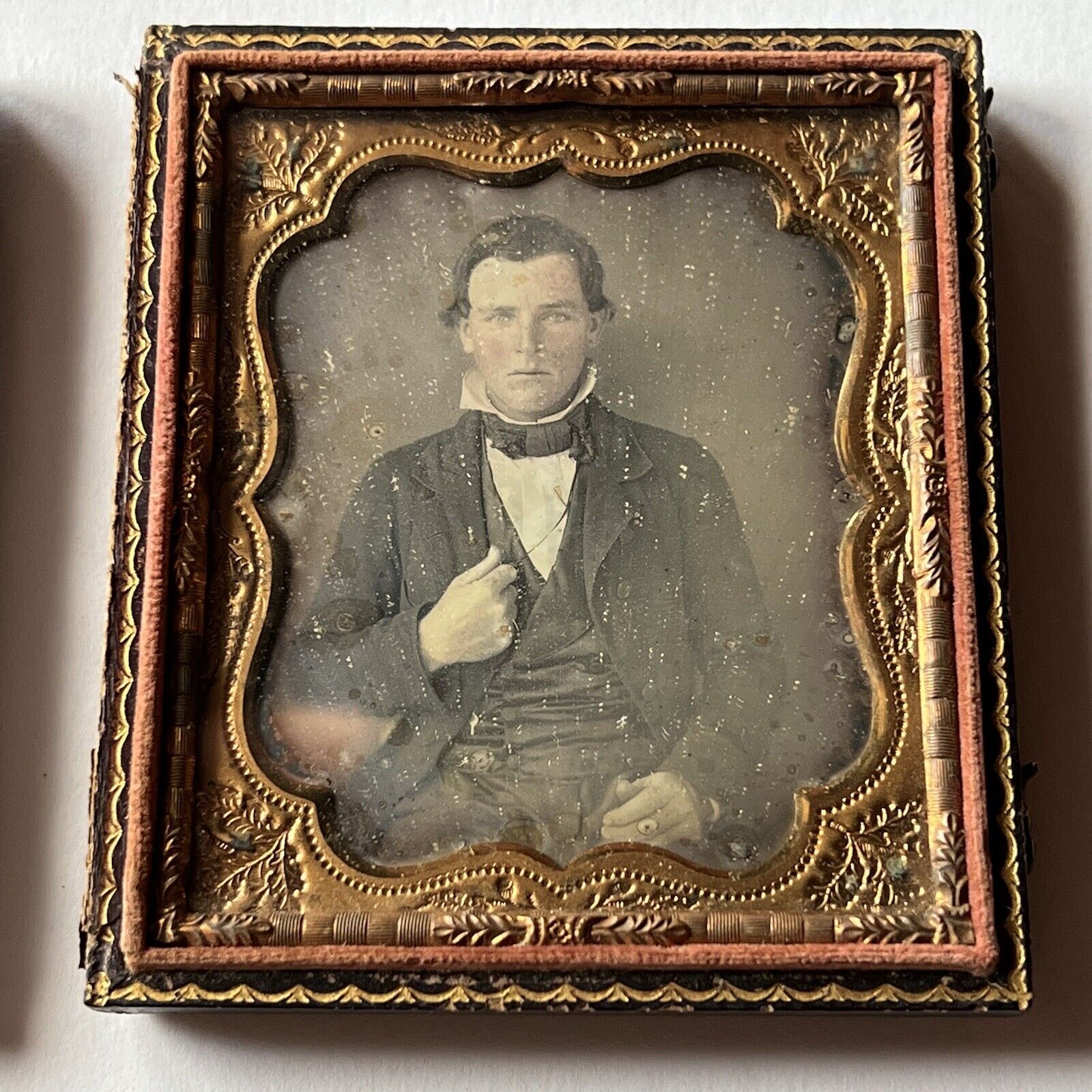Antique Daguerreotype Photograph Full Case Dapper Handsome Young Man Tinted