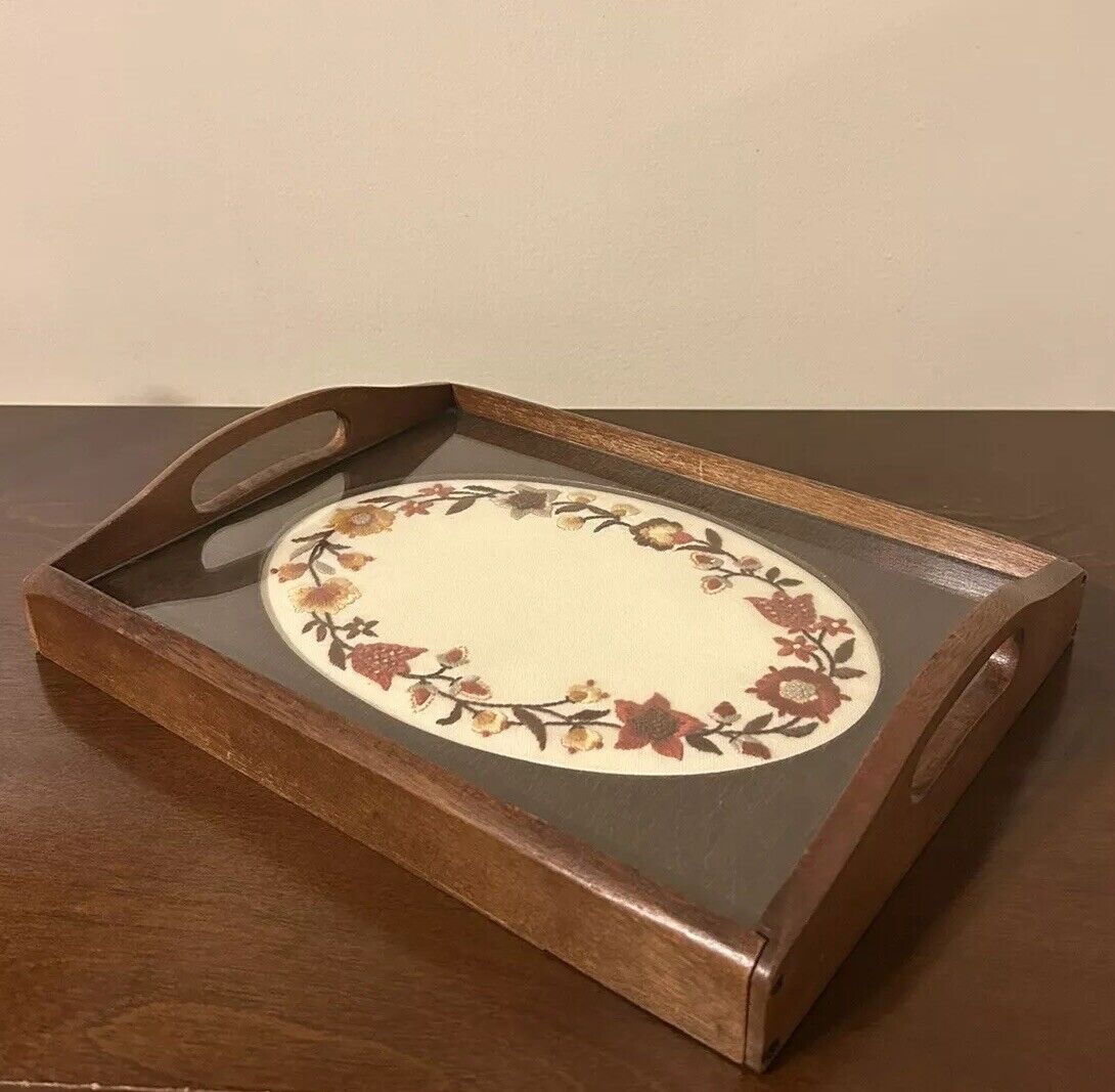 VTG Handmade Embroidery Wooden Glass Serving Tray Creative Circle Autumn #1936