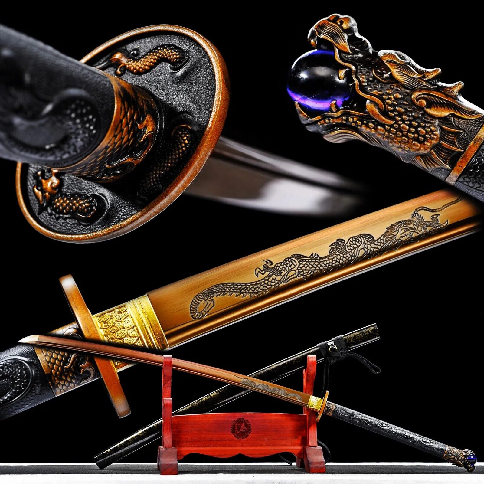 46'' Gold Dragon Extended Katana Battle Ready Japanese Samurai Functional Sword