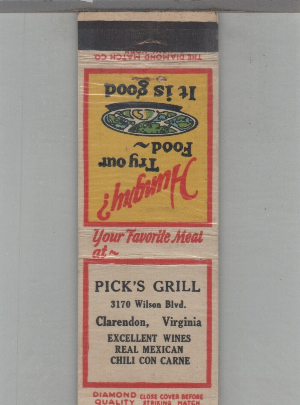 Matchbook Cover 1930s Diamond Quality Pick's Grill Clarendon, VA