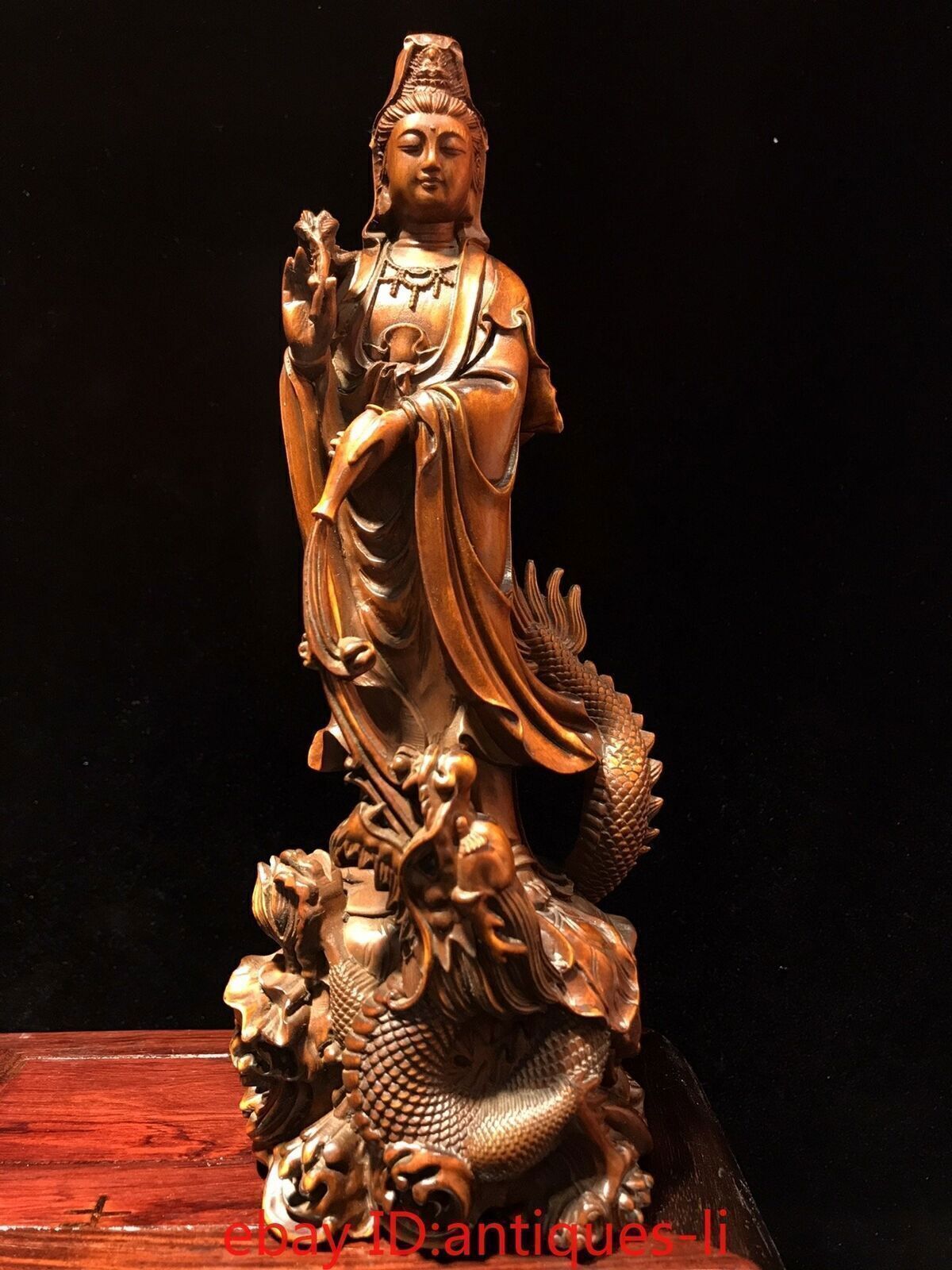 Chinese antique boxwood hand-carved dragon guanyin statue ornament