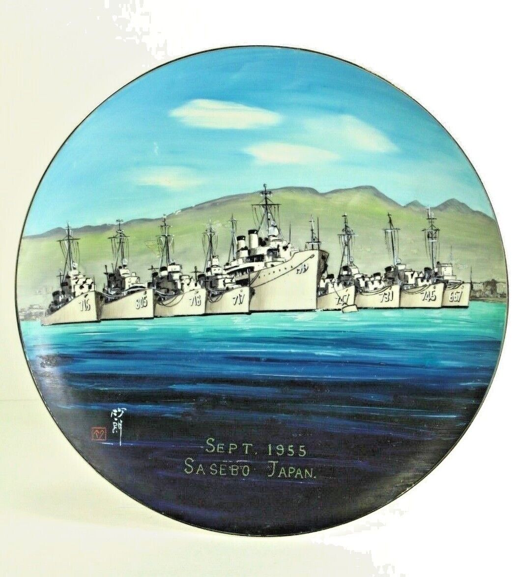 = 1955 Sasebo Japan Wall Plate Hand Painted & Signed Porcelain U.S. Navy Fleet 