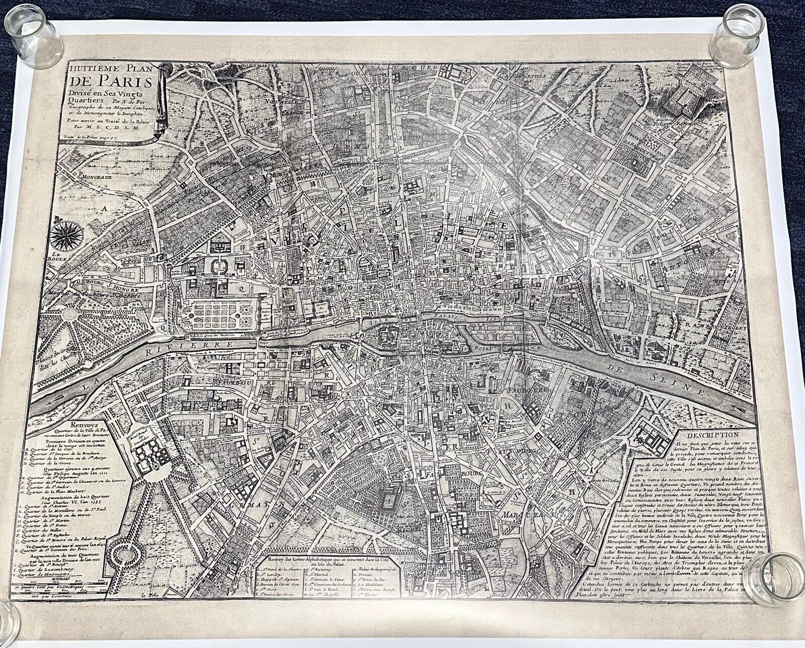 2010 Antique Laminated Map Of Paris 32.5” x 39” (34.5” x 41”)