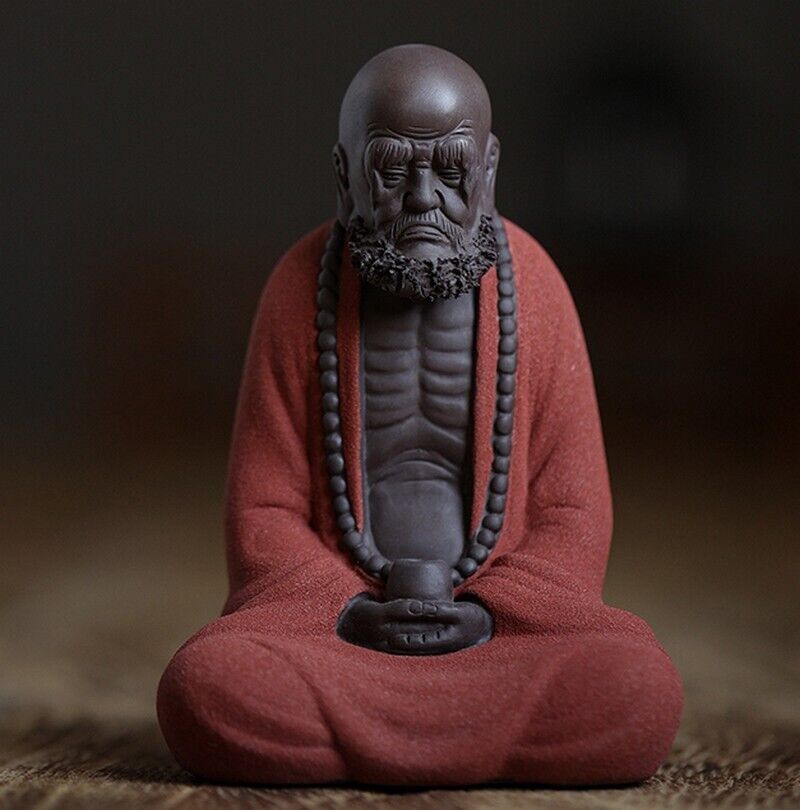 Chinese Zi Sha Sand Meditation Dharma Statue Old Monk Zen Decor