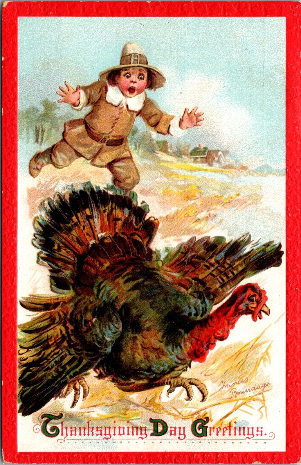 Frances Brundage Thanksgiving Postcard Pilgrim Boy Chasing Wild Turkey