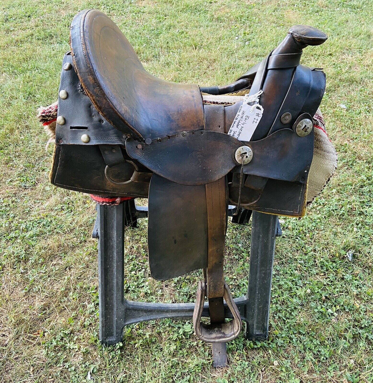 VTG/ Antique Early Western Leather Horse Saddle High Back Ventilated 16” Tooled 