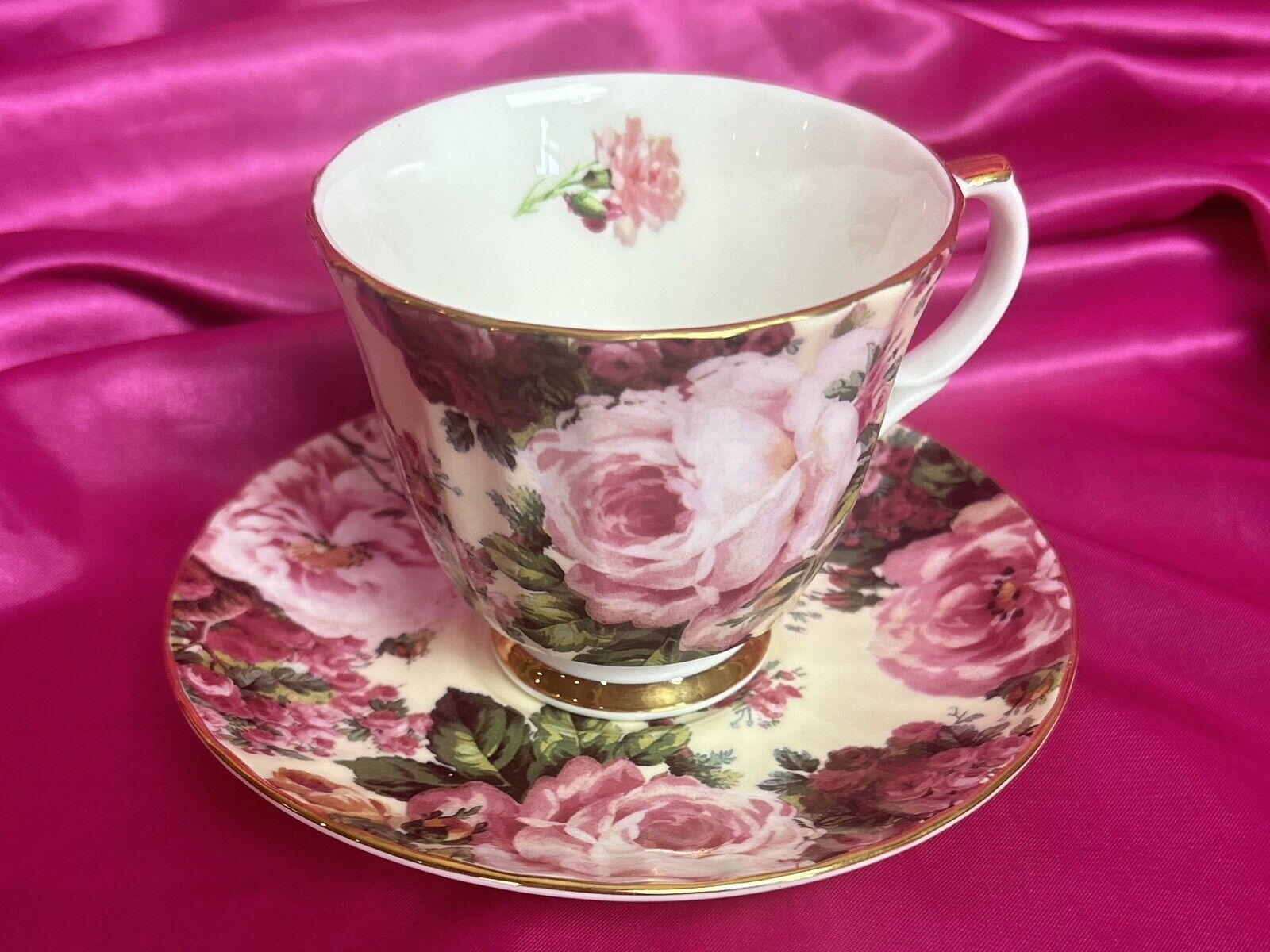 Vintage Royal Patrician Pink Roses Footed Teacup & Saucer Staffordshire England
