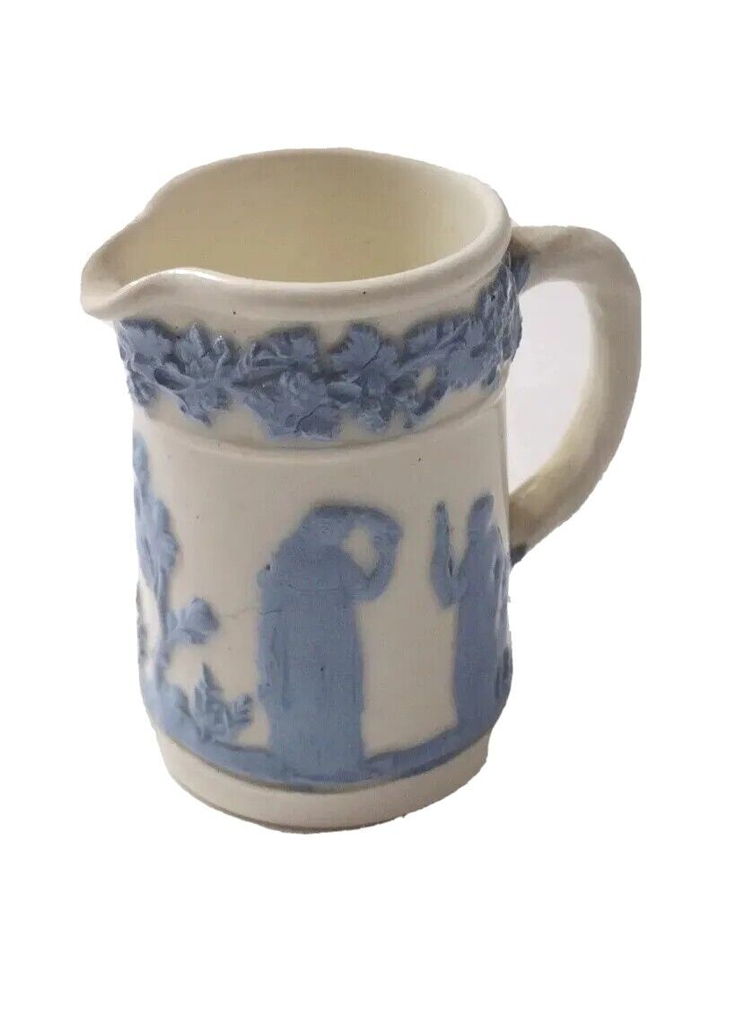 Wedgwood Miniature Queen\'s Ware Blue on White Embossed Pitcher