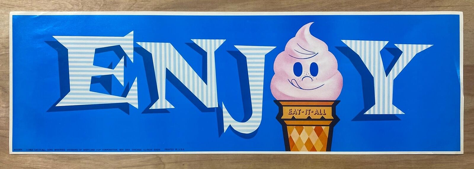 1964 ENJOY Eat-It-All Ice Cream Cone Bakeries Paper Sign Atomic Age Vintage NOS